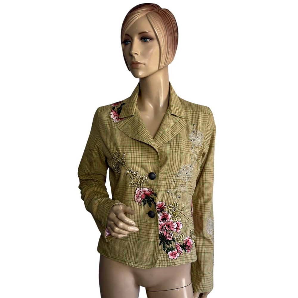 ENTITY Floral Embroidered Blazer Plaid Check Jacket Size Medium